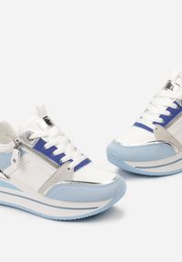 Renee - Niebieskie Sneakersy na Platformie z Metaliczną Lamówką i Brokatem Bivina. Kolor: niebieski. Wzór: aplikacja. Obcas: na platformie #3