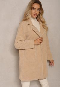 Renee - Ciemnobeżowy Płaszcz z Futerkiem na Napy z Kieszeniami Porttiana. Okazja: na co dzień. Kolor: beżowy. Materiał: futro. Styl: casual