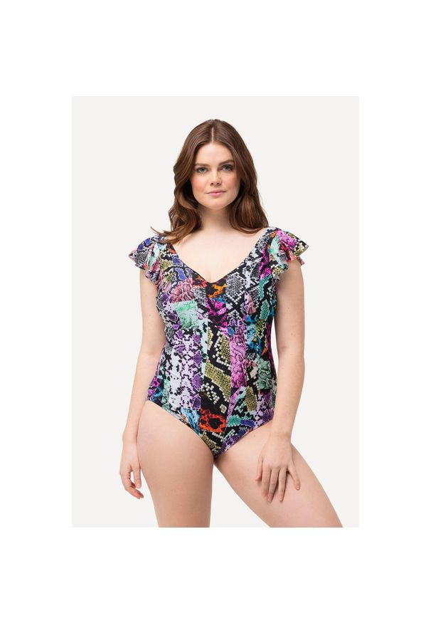 ULLA POPKEN - Damski Kostium kąpielowy mieszanka wzorów miękkie miseczki rękaw motylek. Kolekcja: plus size. Kolor: czarny. Materiał: poliester, elastan, poliamid, materiał