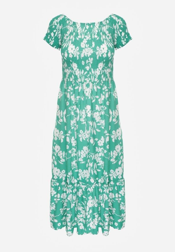 Renee - Zielona Rozkloszowana Sukienka Maxi z Hiszpańskim Dekoltem w Kwiaty Zevana. Kolor: zielony. Wzór: kwiaty. Sezon: wiosna, lato. Typ sukienki: rozkloszowane. Długość: maxi