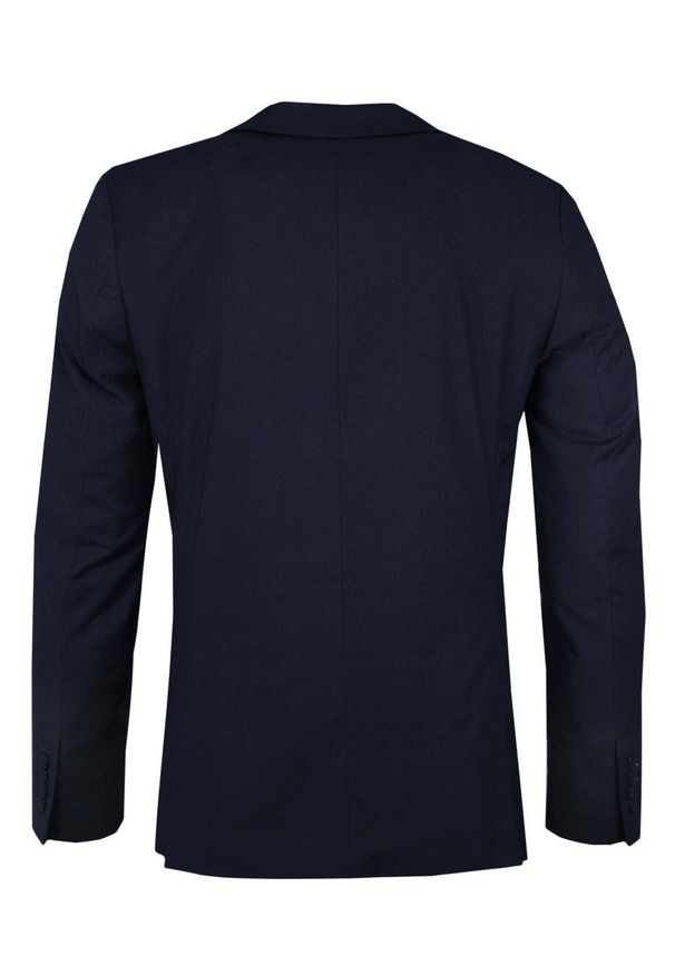 un SARTO - Garnitur Ślubny, Elegancki, Granatowy SUPER SLIM, Zapinany na Dwa Guziki, Spodnie w Kant -UN SARTO. Kolor: niebieski. Materiał: poliester, wiskoza, wełna. Wzór: gładki