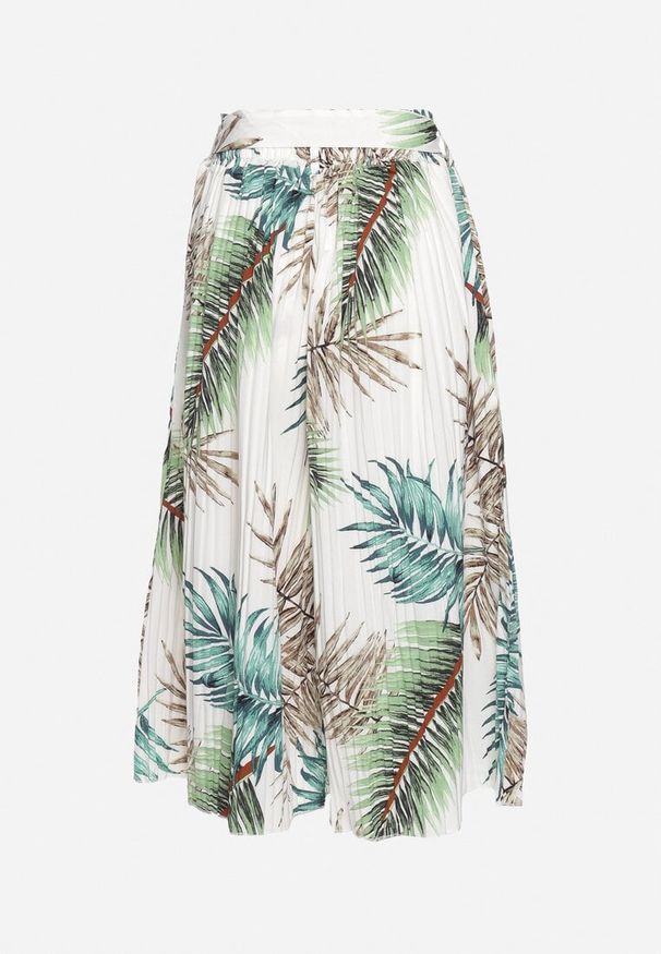 Born2be - Biało-Zielone Spodnie Plisowane Typu Palazzo z Gumką w Pasie o Długości 3/4 Hiefia. Okazja: na co dzień. Kolor: biały. Materiał: bawełna. Styl: casual, elegancki