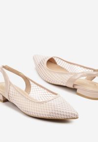 Renee - Beżowe Sandały Typu Slingback z Siateczkową Cholewką Gallevia. Okazja: na spacer. Kolor: beżowy. Wzór: kwiaty. Sezon: lato. Obcas: na obcasie. Styl: elegancki. Wysokość obcasa: niski