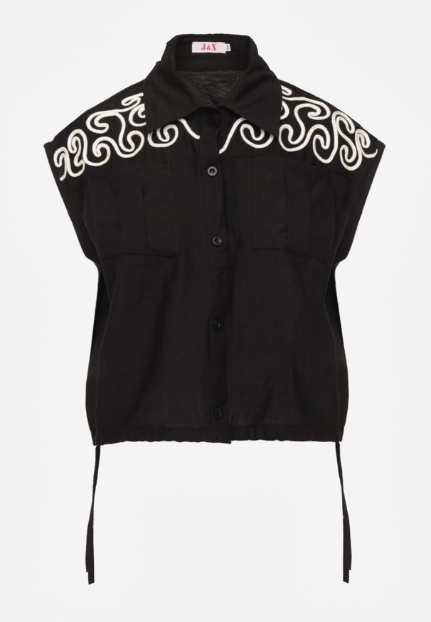 Renee - Czarna Boho Koszula z Wiskozy Bez Rękawów ze Ściągaczem w Talii Assabel. Okazja: na co dzień. Kolor: czarny. Materiał: wiskoza. Długość rękawa: bez rękawów. Wzór: haft. Sezon: lato. Styl: boho