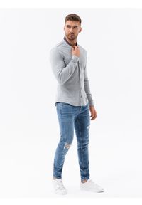 Ombre Clothing - Bawełniana męska koszula SLIM FIT ze stójką w kolorowe paski – szara V5 OM-SHCS-0178 - XXL. Okazja: na co dzień. Typ kołnierza: kołnierzyk stójkowy. Kolor: czarny. Materiał: bawełna. Długość: długie. Wzór: kolorowy, paski. Styl: casual