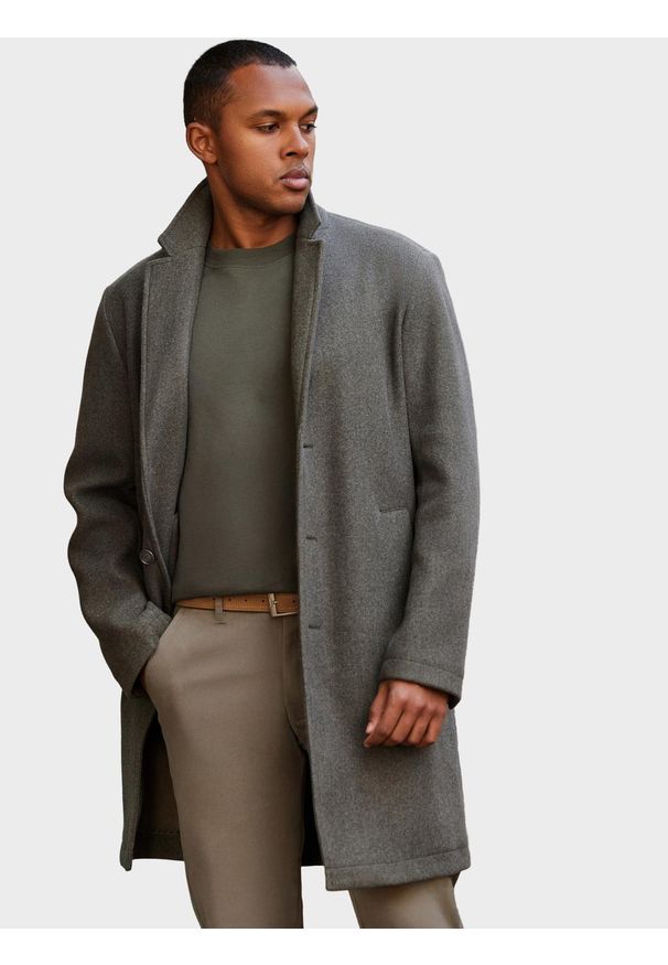 Ombre Clothing - Jednorzędowy płaszcz męski bez podszewki – szarozielony V6. Kolor: szary. Materiał: poliester, materiał. Wzór: melanż. Styl: elegancki