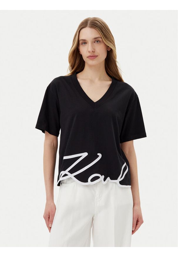 Karl Lagerfeld - KARL LAGERFELD T-Shirt A2W17104 Czarny Relaxed Fit. Typ kołnierza: dekolt w karo. Kolor: czarny. Materiał: bawełna