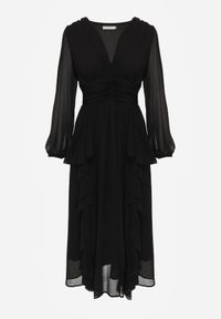 Born2be - Czarna Romantyczna Sukienka Koktajlowa z Falbanami i Marszczeniem w Pasie Aranilla. Typ kołnierza: kołnierz z falbankami. Kolor: czarny. Materiał: tkanina, materiał. Wzór: gładki, aplikacja. Typ sukienki: rozkloszowane. Styl: wizytowy #8