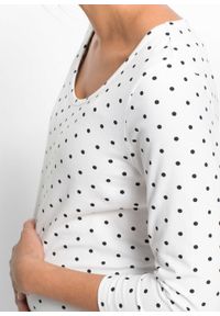 Shirt ciążowy z nadrukiem (2 szt.), rękawy 3/4, bawełna organiczna bonprix biały w groszki + w paski. Kolekcja: moda ciążowa. Kolor: biały. Materiał: bawełna. Wzór: grochy, nadruk, paski #3