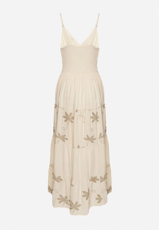 Born2be - Jasnobeżowa Sukienka Wiskozowa na Ramiączkach Ozdobiona Haftem Telanelis. Typ kołnierza: dekolt w kształcie V. Kolor: beżowy. Materiał: wiskoza. Długość rękawa: na ramiączkach. Wzór: haft, aplikacja