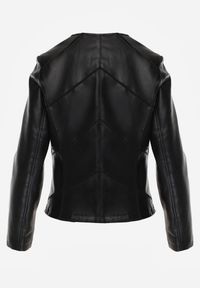 Renee - Czarna Taliowana Kurtka Biker z Dekoltem Crew Neck Ozdobiona Przeszyciami Nelithaen. Kolor: czarny. Materiał: poliester, jeans. Wzór: aplikacja #4