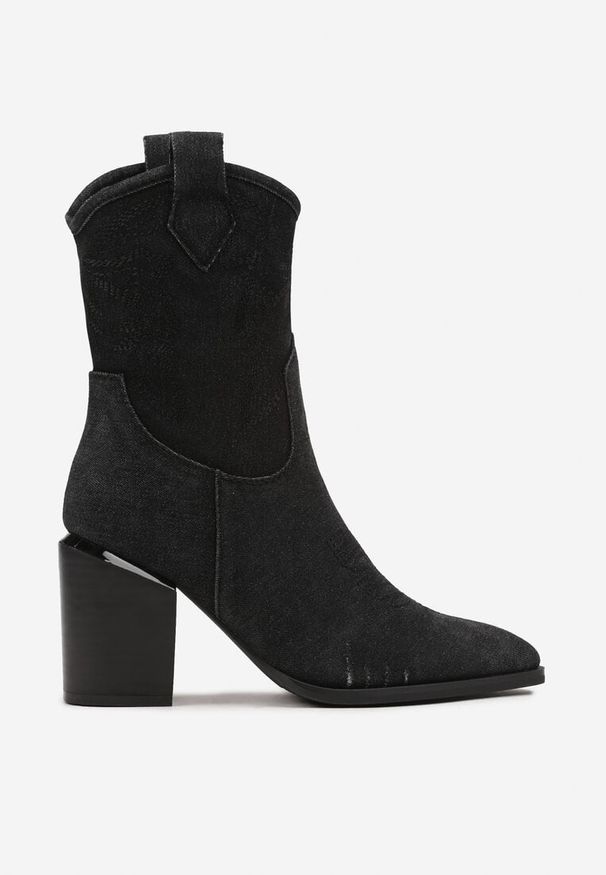 Born2be - Czarne Botki Kowbojki na Obcasie Typu Słupek z Ozdobnymi Przeszyciami Laonique. Kolor: czarny. Obcas: na obcasie. Styl: boho, elegancki. Wysokość obcasa: średni