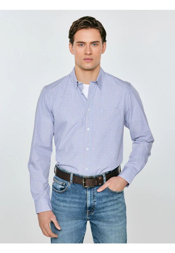 Big-Star - Koszula męska w drobną kratę niebieska Gubinertos 401. Okazja: na co dzień. Kolor: niebieski. Materiał: tkanina, bawełna. Wzór: haft, kratka. Styl: casual, elegancki, klasyczny