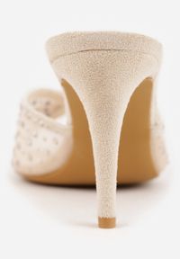 Renee - Beżowe Siateczkowe Klapki VICES na Szpilce Ozdobione Cyrkoniami i Kokardką Donne. Kolor: beżowy. Materiał: satyna. Wzór: aplikacja. Obcas: na szpilce. Styl: glamour, elegancki #8