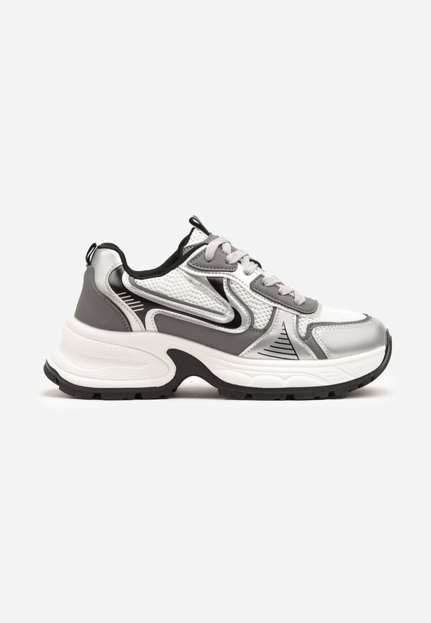 Born2be - Biało-Srebrne Sneakersy na Grubej Podeszwie z Siateczką Olirase. Okazja: na co dzień. Nosek buta: okrągły. Kolor: biały. Materiał: jeans. Wzór: aplikacja. Obcas: na obcasie. Wysokość obcasa: średni