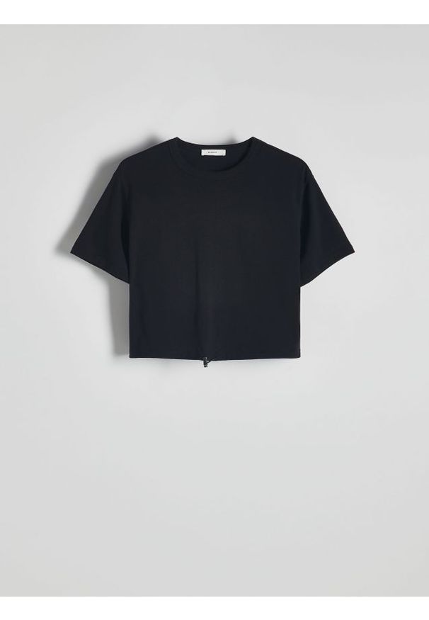 Reserved - T-shirt ze ściągaczem - czarny. Kolor: czarny. Materiał: bawełna, dzianina. Długość: krótkie