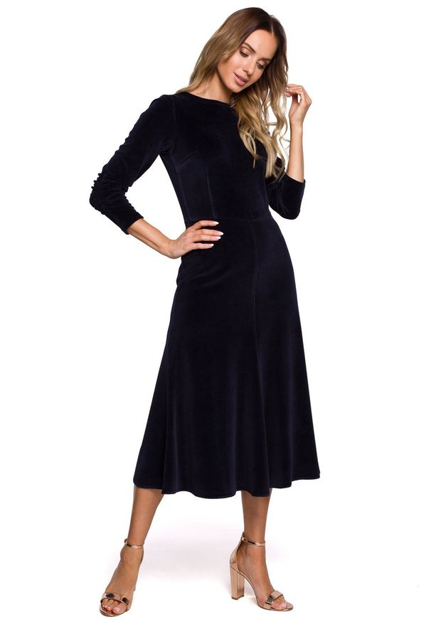 MOE - Sukienka welurowa midi rozkloszowana z rękawem 3/4 bawełniana granat. Materiał: bawełna, welur. Styl: elegancki. Długość: midi