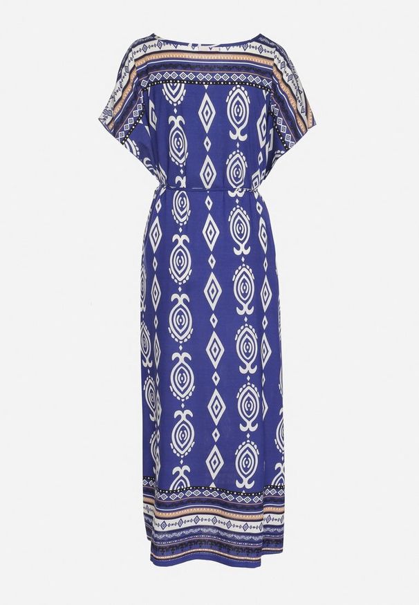 Born2be - Niebieska Pudełkowa Sukienka z Wiskozy w Etniczny Wzór Mirosela. Okazja: na co dzień. Kolor: niebieski. Materiał: wiskoza. Długość rękawa: krótki rękaw. Styl: klasyczny, casual, elegancki