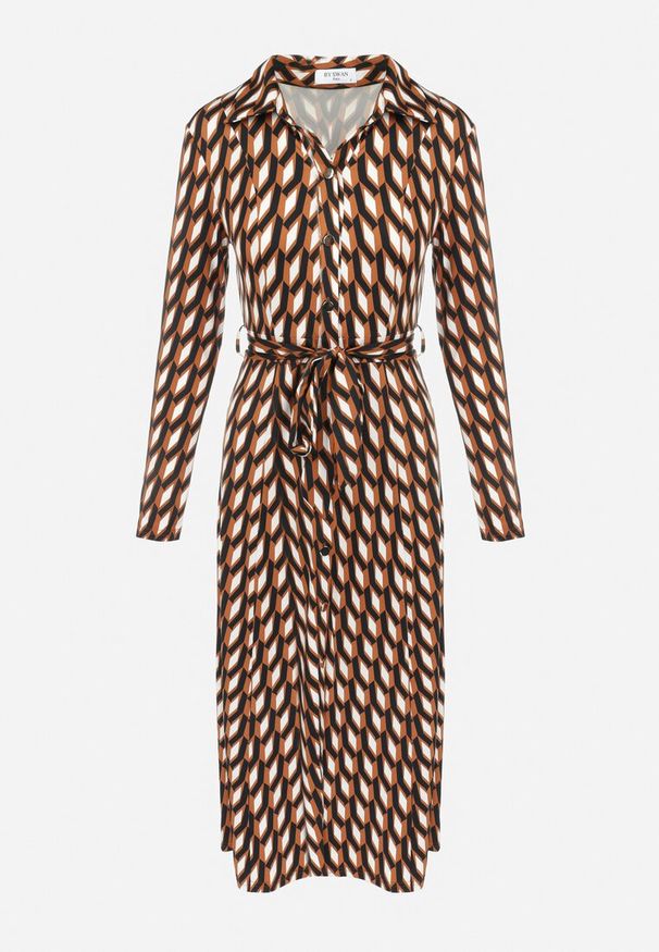 Born2be - Brązowa Sukienka Koszulowa w Geometryczny Wzór Kelsam. Kolor: brązowy. Wzór: geometria. Typ sukienki: koszulowe. Styl: elegancki