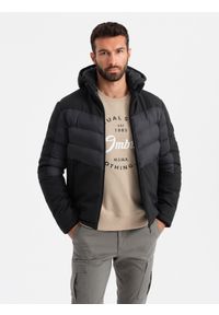 Ombre Clothing - Pikowana męska kurtka z łączonych materiałów z wysokim kołnierzem – czarna V1. Okazja: na co dzień. Kolor: czarny. Materiał: materiał. Wzór: aplikacja. Styl: sportowy, casual #7