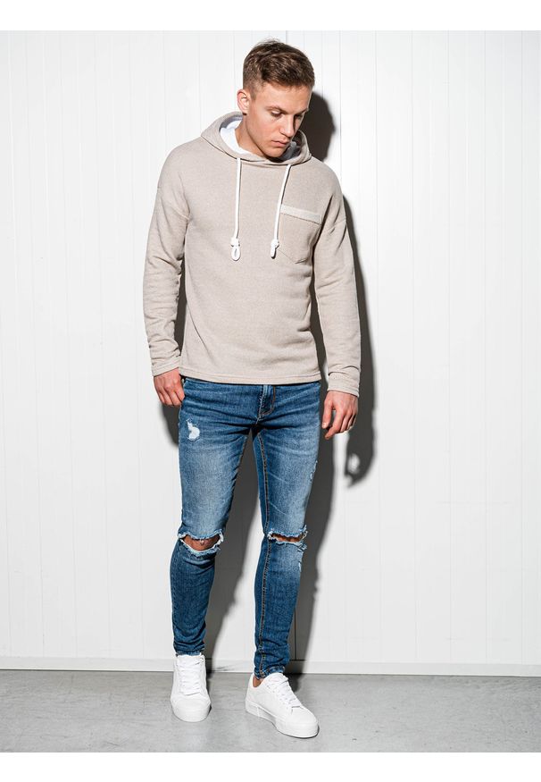 Ombre Clothing - Bluza męska z kapturem B963 - beżowa - XL. Typ kołnierza: kaptur. Kolor: beżowy. Materiał: dzianina, bawełna, poliester. Wzór: aplikacja