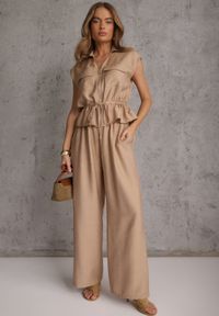 Renee - Beżowy Komplet Utility z Wiskozy Spodnie i Bluzka na Suwak ze Ściągaczem Petolira. Kolor: beżowy. Materiał: wiskoza #5