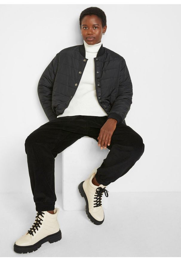 bonprix - Spodnie sztruksowe z mieszanki bawełny. Kolor: czarny. Materiał: bawełna, sztruks