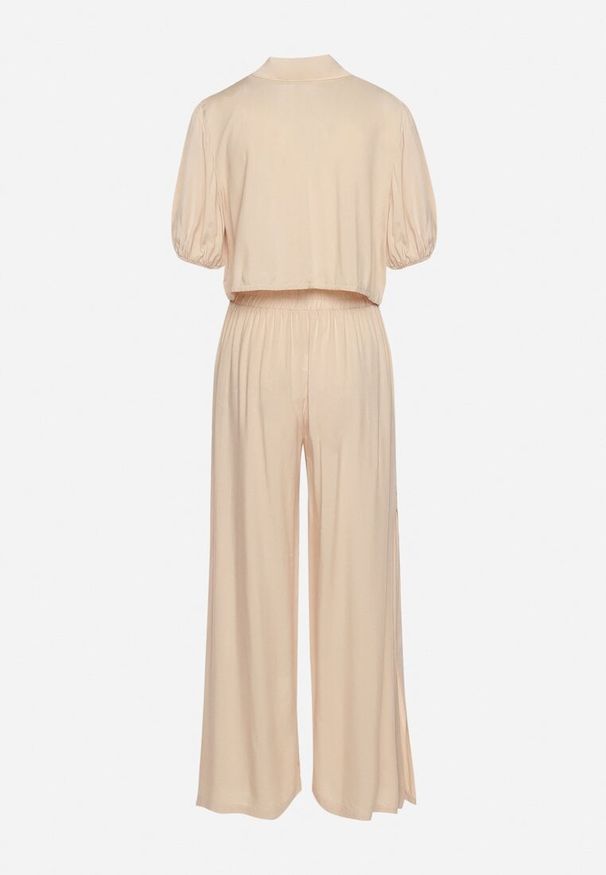 Born2be - Jasnobeżowy Bawełniany Komplet z Krótką Koszulą i Szerokimi Spodniami z Rozcięciami Denara. Kolor: beżowy. Materiał: bawełna