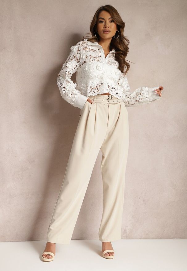 Renee - Beżowe Spodnie High Waist w Stylu Garniturowym z Paskami i Klamerkami Daklena. Stan: podwyższony. Kolor: beżowy. Styl: elegancki