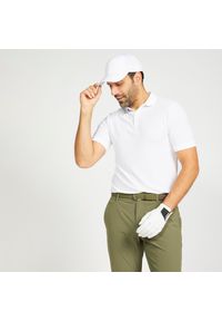 INESIS - Koszulka polo do golfa z krótkim rękawem męska Inesis WW500. Typ kołnierza: golf, polo. Kolor: biały. Materiał: materiał, poliester. Długość rękawa: krótki rękaw. Długość: krótkie. Wzór: ze splotem. Styl: sportowy
