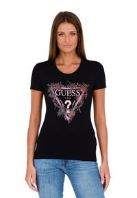 Guess - GUESS Czarny damski t-shirt bawełniany z logo, Rozmiar S. Kolor: czarny. Materiał: bawełna. Wzór: nadruk #2