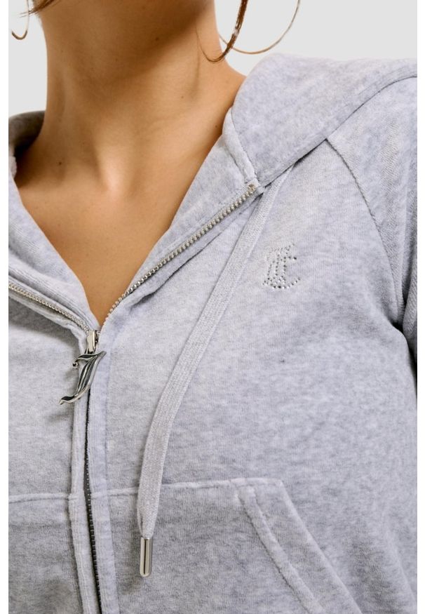 Juicy Couture - JUICY COUTURE Szara damska bluza Madison Hoodie, Rozmiar L. Typ kołnierza: kaptur. Kolor: szary. Materiał: poliester, elastan, materiał. Wzór: aplikacja. Styl: elegancki