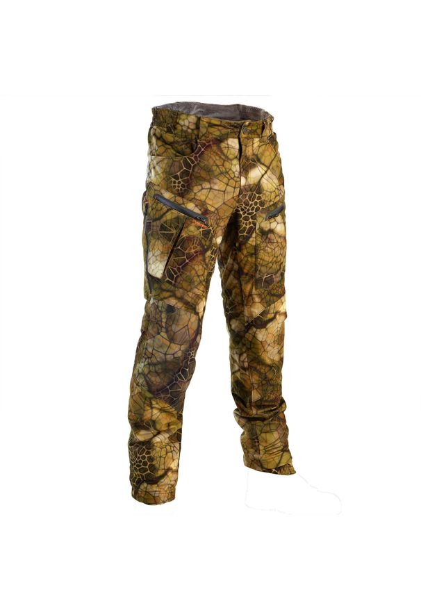 Spodnie myśliwskie SOLOGNAC Warm 900 Camo Furtiv wodoodporne. Kolor: brązowy. Materiał: skóra, polar, materiał, tkanina