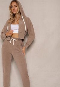 Renee - Ciemnobeżowy Komplet Dresowy z Bawełny Bluza z Kapturem i Spodnie Slim Inerisa. Kolor: beżowy. Materiał: dresówka, bawełna. Wzór: aplikacja #4