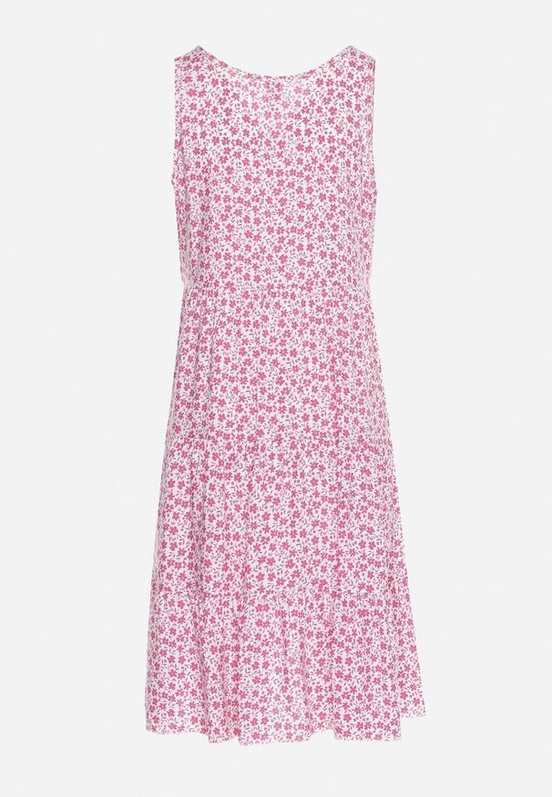 Born2be - Różowa Bawełniana Sukienka w Kwiaty z Falbanką Rissafa. Okazja: na co dzień. Kolor: różowy. Materiał: bawełna. Wzór: kwiaty. Typ sukienki: proste. Styl: casual