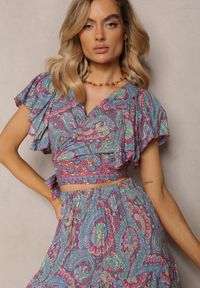 Renee - Fuksjowy Wiskozowy Komplet 2-Częściowy w Print Paisley Długa Spódnica i Kopertowy Top Aeodosia. Kolor: różowy. Materiał: wiskoza. Wzór: paisley, nadruk #5