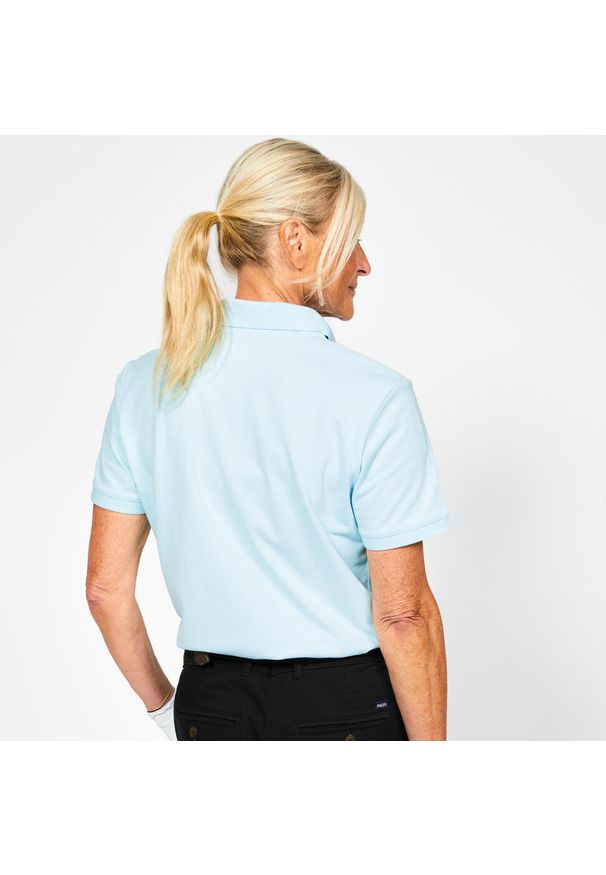INESIS - Koszulka polo do golfa damska z krótkim rękawem Inesis MW500. Typ kołnierza: golf, polo. Kolor: niebieski. Materiał: bawełna, materiał, poliester. Długość rękawa: krótki rękaw. Długość: krótkie. Wzór: ze splotem. Styl: klasyczny