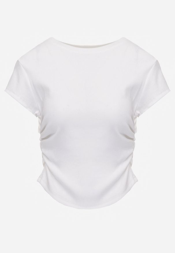 Renee - Biały Dopasowany T-shirt z Marszczeniem z Bawełnianej Tkaniny w Prążki Assarena. Okazja: na co dzień. Kolor: biały. Materiał: tkanina, bawełna. Wzór: prążki. Styl: elegancki, casual