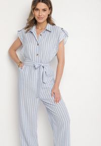 Born2be - Niebieski Bawełniany Kombinezon o Koszulowym Kroju z Wiązanym Paskiem Amerlia. Okazja: na co dzień. Kolor: niebieski. Materiał: bawełna. Styl: klasyczny, casual #3