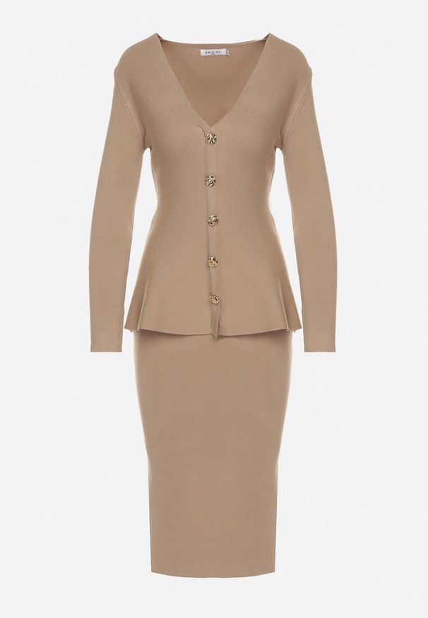 Born2be - Beżowy Elegancki Komplet z Dzianiny z Wiskozą Kardigan i Spódnica Uneva. Kolor: beżowy. Materiał: dzianina, wiskoza