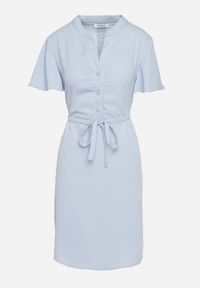 Born2be - Niebieska Sukienka Trapezowa z Koszulową Górą i Materiałowym Paskiem w Talii Vikiiona. Okazja: na spotkanie biznesowe. Typ kołnierza: dekolt w kształcie V. Kolor: niebieski. Materiał: materiał. Długość rękawa: krótki rękaw. Typ sukienki: trapezowe, koszulowe. Styl: biznesowy #6