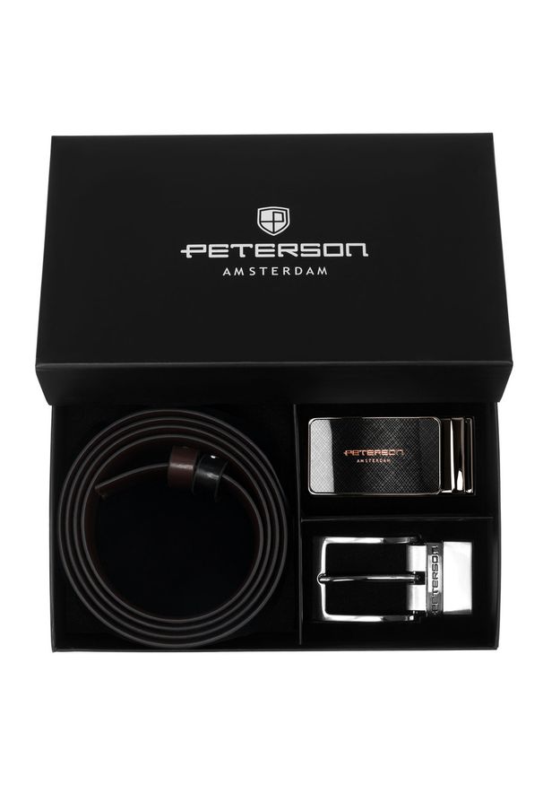 Zestaw prezentowy: dwustronny pasek skórzany w brązowym i czarnym kolorze z dwoma wymiennymi klamrami Peterson PTN KL-B001S001. Kolor: czarny, wielokolorowy, brązowy. Materiał: skóra. Styl: elegancki
