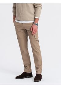 Ombre Clothing - Spodnie męskie cargo STRAIGHT LEG z kieszeniami zapinanymi na zamek – khaki V3 OM-PACG-0204 - XXL. Kolor: brązowy. Materiał: bawełna, elastan, materiał. Styl: elegancki #5