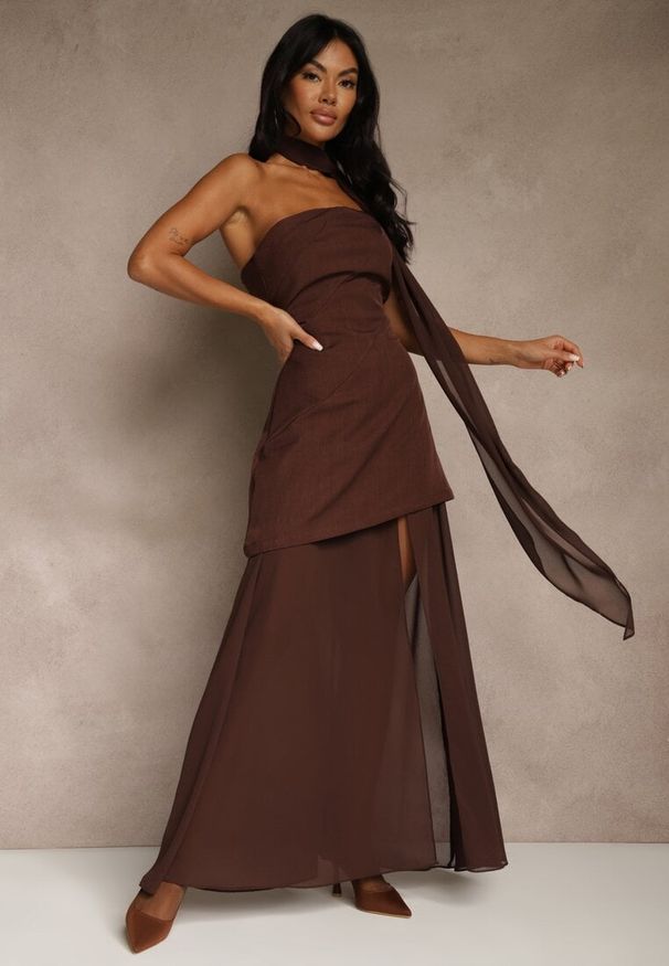 Renee - Brązowa Wieczorowa Sukienka Bandeau z Dodatkowym Szalem Meridvia. Okazja: na studniówkę, na ślub cywilny, na wesele, na imprezę. Kolor: brązowy. Długość rękawa: na ramiączkach. Styl: wizytowy
