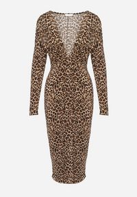 Born2be - Brązowa Koktajlowa Sukienka Taliowana w Panterkę z Rozcięciem z Boku i Cyrkoniami Zelimi. Typ kołnierza: dekolt w kształcie V. Kolor: brązowy. Wzór: motyw zwierzęcy. Styl: wizytowy #5