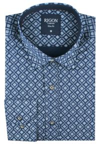 Męska Koszula, Taliowana (Slim Fit) - Rigon - Ciemnoniebieska, Wzór. Okazja: do pracy, na spotkanie biznesowe. Kolor: niebieski. Materiał: bawełna, poliester, elastan. Długość rękawa: długi rękaw. Długość: długie. Styl: wizytowy, elegancki, biznesowy #3