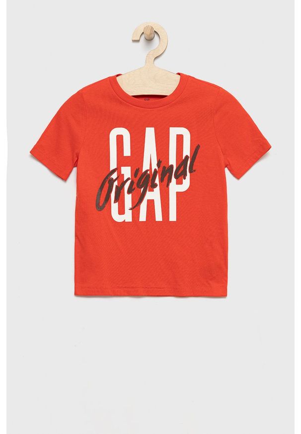 GAP t-shirt bawełniany dziecięcy kolor czerwony z nadrukiem. Okazja: na co dzień. Kolor: czerwony. Materiał: bawełna. Wzór: nadruk. Styl: casual