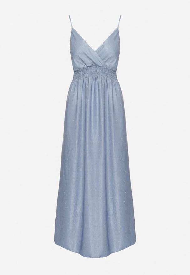 Born2be - Jasnoniebieska Kopertowa Sukienka na Ramiączkach z Wiskozy Zdobiona Cyrkoniami Ararielle. Okazja: na spacer, na co dzień, na imprezę. Typ kołnierza: dekolt w kształcie V. Kolor: niebieski. Materiał: wiskoza. Długość rękawa: na ramiączkach. Wzór: aplikacja. Typ sukienki: kopertowe. Styl: casual, klasyczny