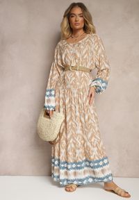 Renee - Beżowa Wiskozowa Sukienka z Printem w Stylu Boho z Chwostami Erianea. Okazja: na co dzień. Kolor: beżowy. Materiał: wiskoza. Długość rękawa: długi rękaw. Wzór: nadruk. Typ sukienki: proste. Styl: boho #5