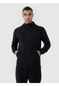 4f - 4F Bluza dresowa rozpinana z kapturem męska - czarna L. Okazja: na co dzień. Typ kołnierza: kaptur. Kolor: czarny. Materiał: dresówka. Długość rękawa: raglanowy rękaw. Wzór: ze splotem, jednolity. Styl: casual, sportowy #1